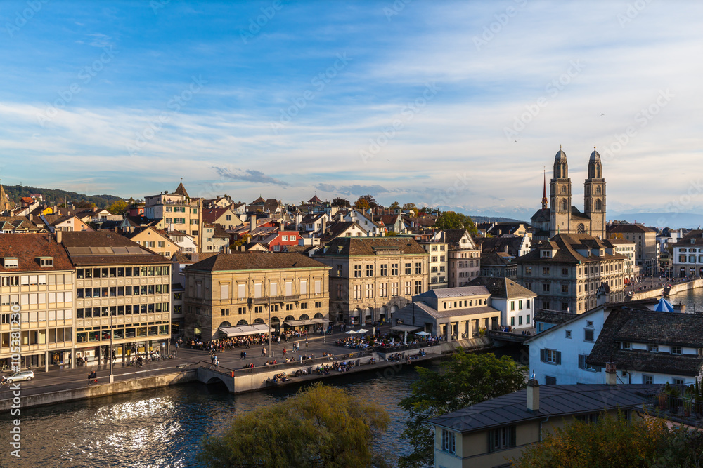 Aerial view of Zurich old town and Limmat river at dusk