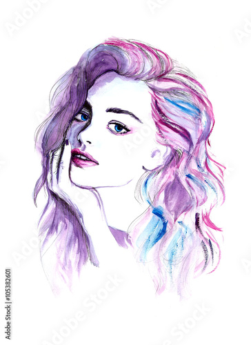 Watercolor fashion purple woman portrait