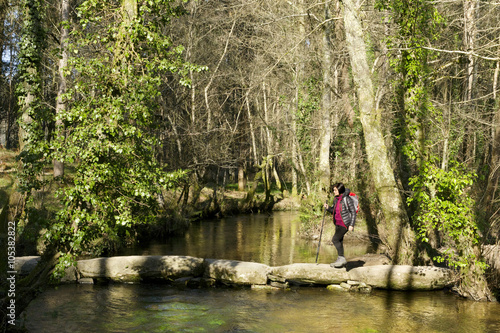Fotografía woman  pilgrim  near the Palas de Rei village in Way of St James, Camino de Sant