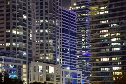 Night view to modern living buildings in Tel Aviv. 
