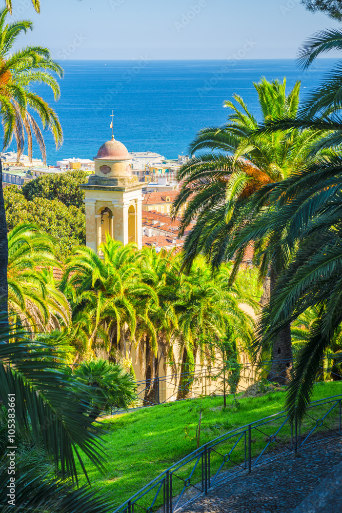 the belfry and church's roof is hiding behind the palms, sanremo, italy