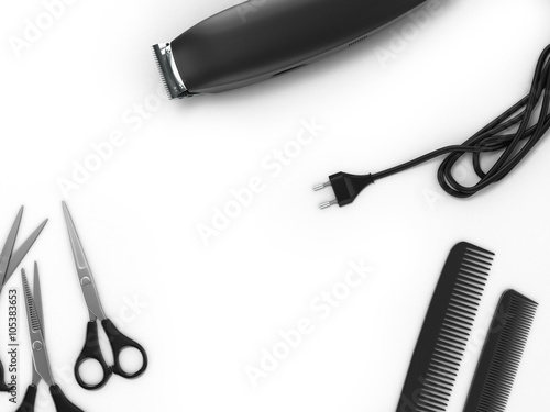 background for beauty clippers scissors and combs are laid aroun