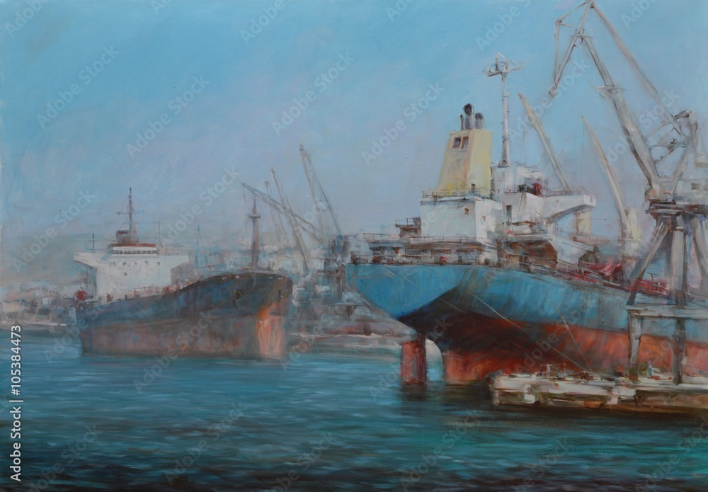 Tanker ships, classic handmade painting