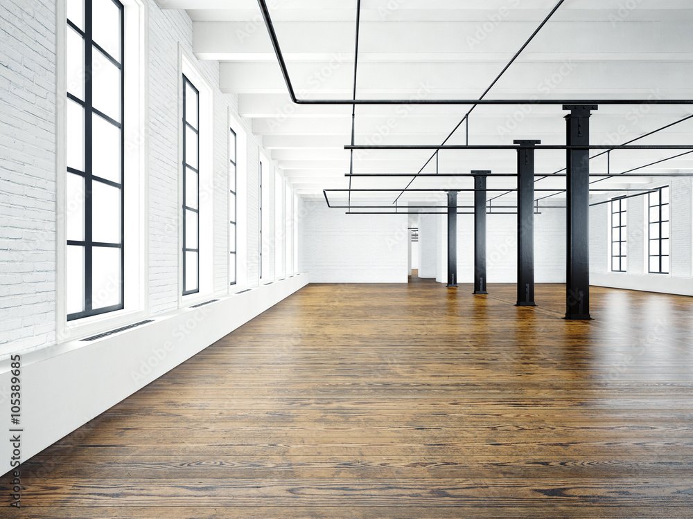 Fototapeta premium Photo of empty interior in modern building.Open space loft. Empty white walls. Wood floor, black beams,big windows. Horizontal, blank mockup. 3d rendering