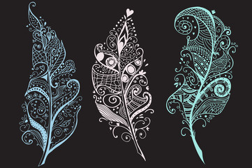 Artistically Hand Drawn, stylized, vector Feathers set 