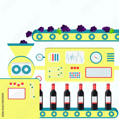 Factory producing wine from fresh grapes. Industrial production of wine bottles with dry wine, red wine or sweet wine.