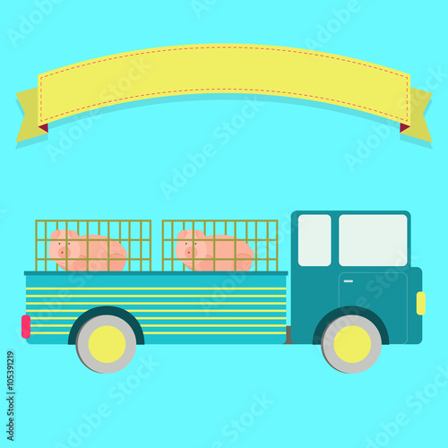 Truck carrying pigs. Blank ribbon for insert text.