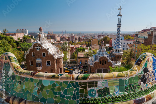 Elevated view of the main entrance of Parc Guell, Antonio Gaudi's architectural masterpiece.