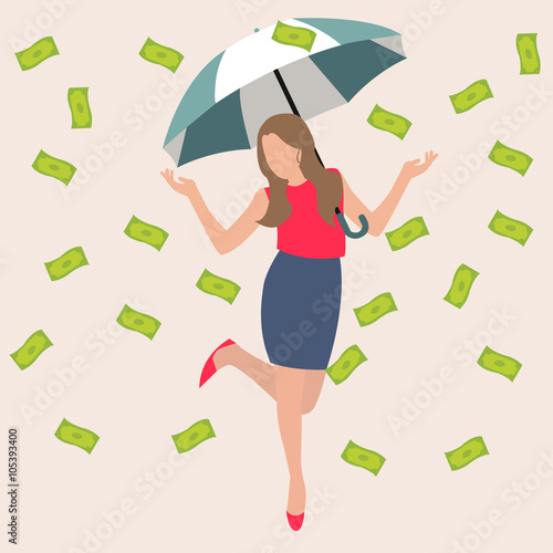 woman umbrella money rain dollar cash rich lucky success business flat vector illustration concept