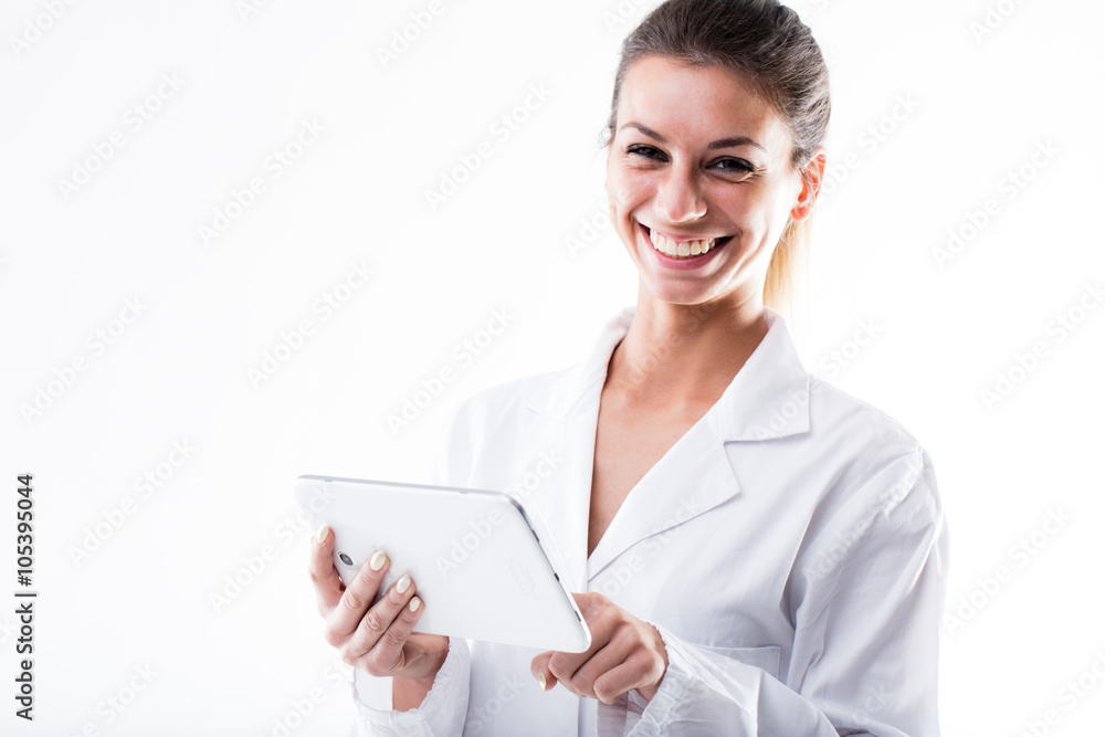 laughing or smiling scientist with a digital tablet laughing or smiling scientist with a digital tablet