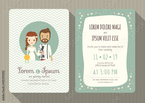 wedding invitation card with cute groom and bride cartoon