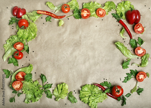 frame of fresh vegetables on wet paper