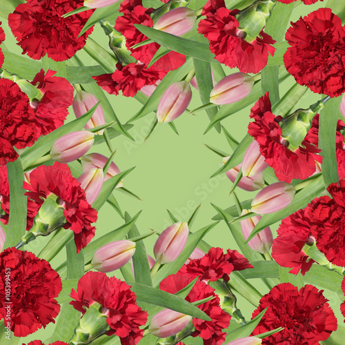 Floral background. Red carnations and pink tulips 