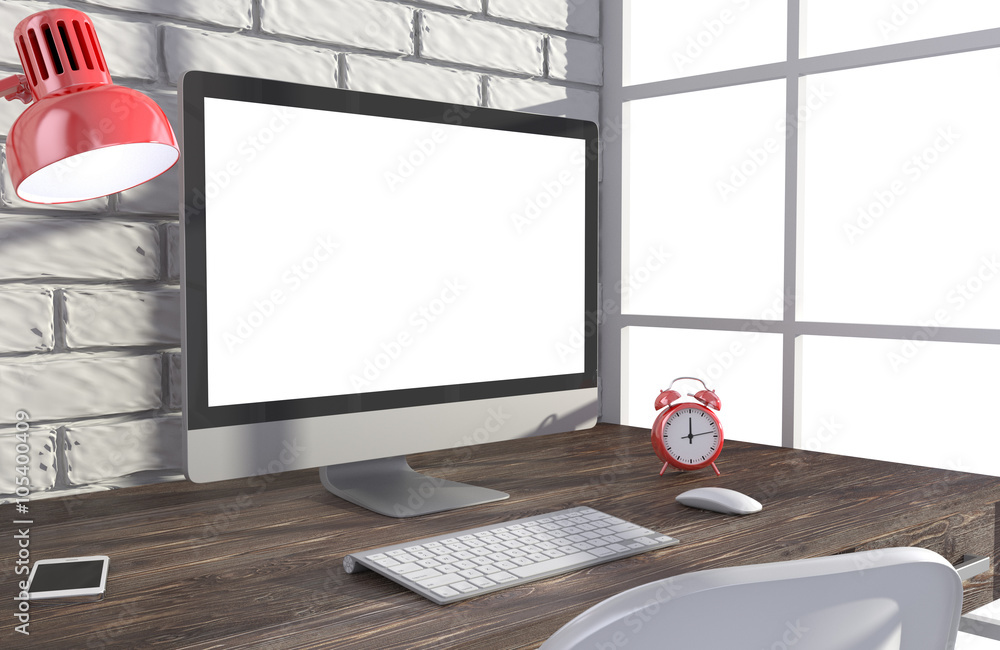 3D illustration PC screen on table in office, Workspace 3D illustration PC screen on table in office, Workspace