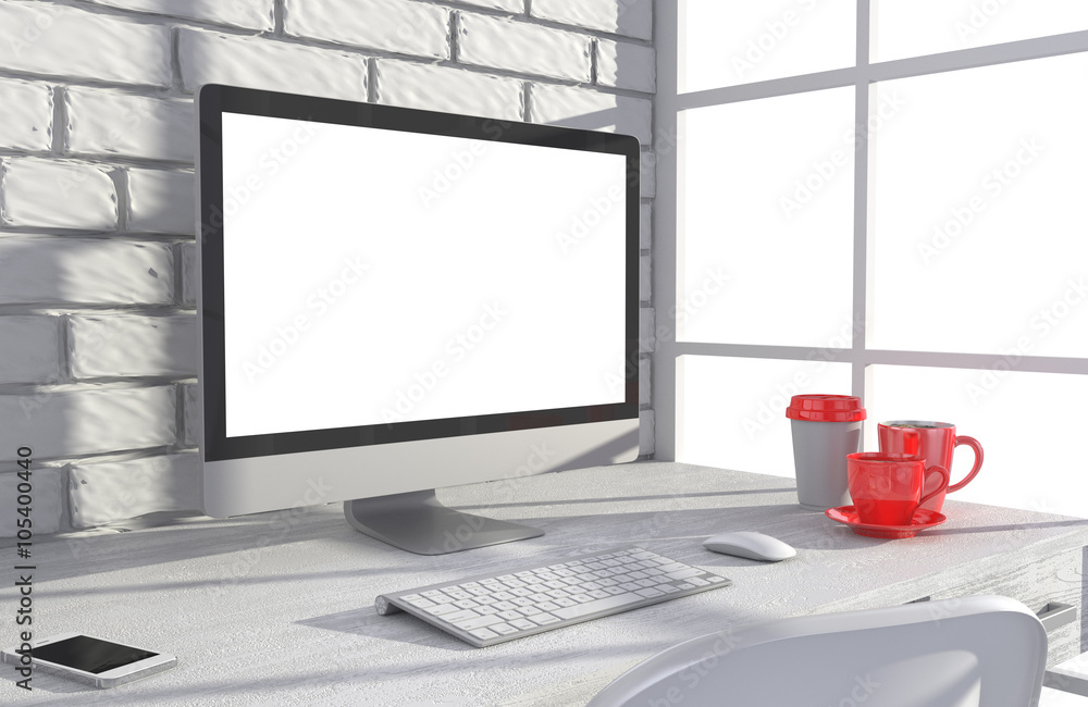 Fototapeta premium 3D illustration PC screen on table in office, Workspace