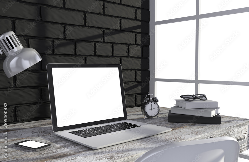 Fototapeta premium 3D illustration laptop and work stuff on table near brick wall, Workspace