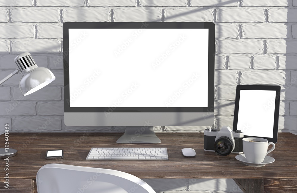 3D illustration PC screen on table in office, Workspace 3D illustration PC screen on table in office, Workspace