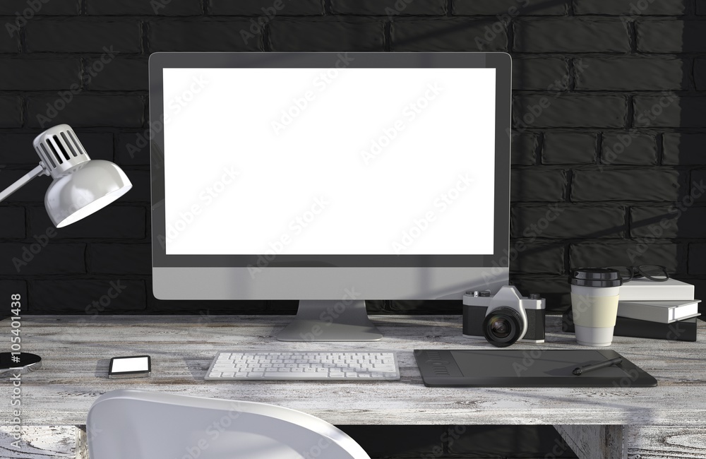 Fototapeta premium 3D illustration PC screen on table in office, Workspace