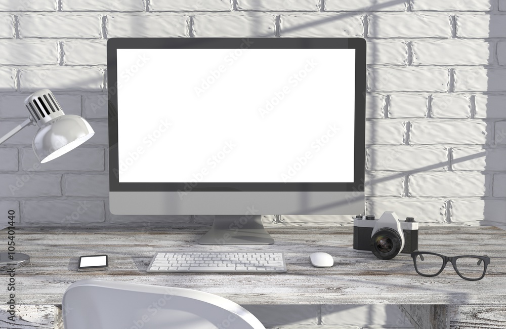 Fototapeta premium 3D illustration PC screen on table in office, Workspace