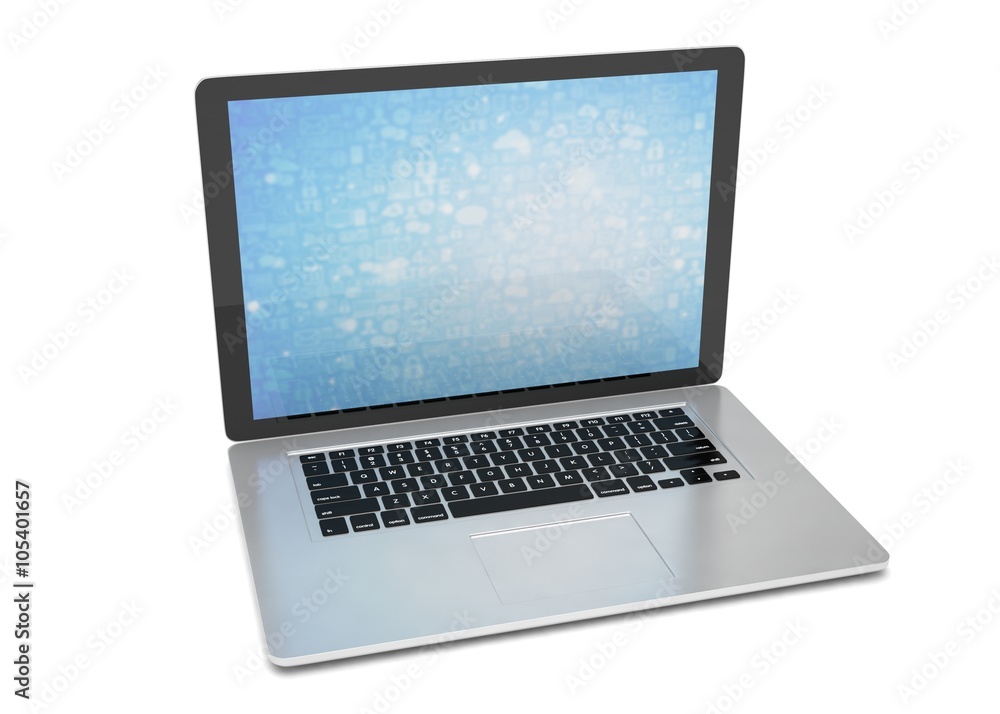 3d rendering of a laptop with blue wallpaper with app icon 3d rendering of a laptop with blue wallpaper with app icon