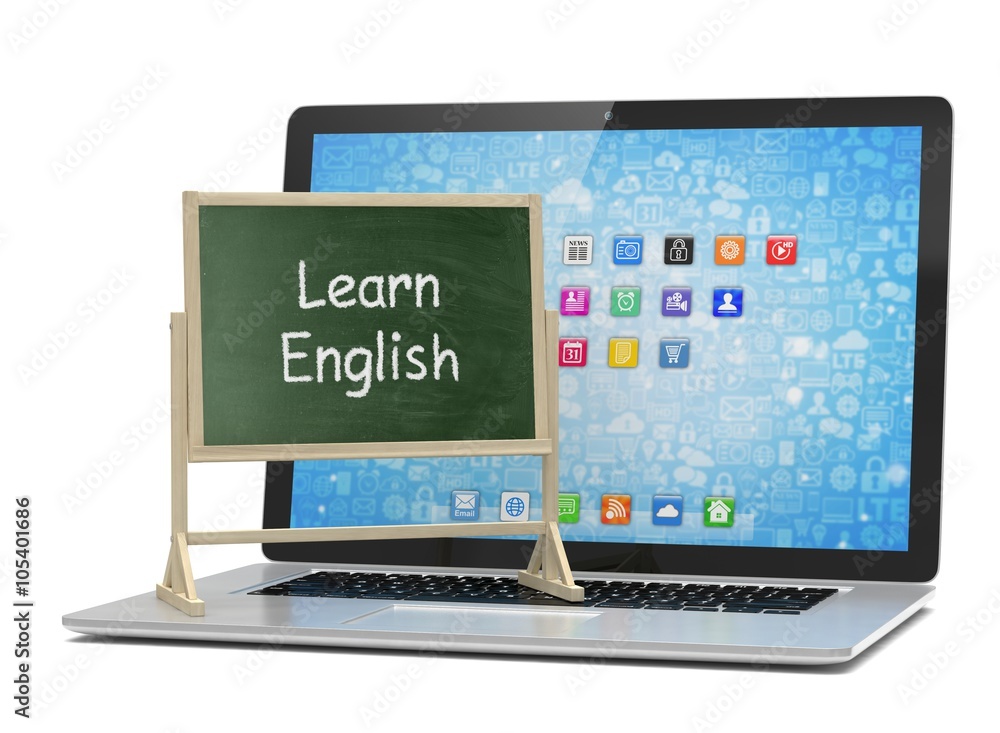 Laptop with chalkboard, learn english, online education concept Laptop with chalkboard, learn english, online education concept