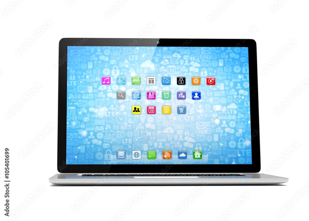 3d rendering of a laptop with blue wallpaper with app icon 3d rendering of a laptop with blue wallpaper with app icon