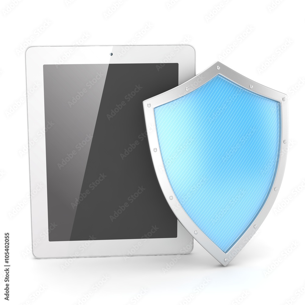 Tablet PC and shield on white device security concept Tablet PC and shield on white device security concept