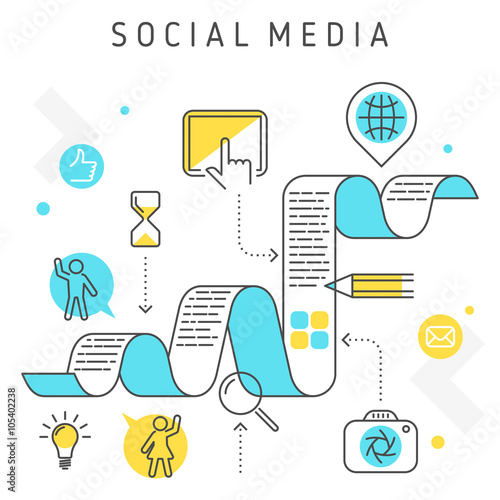 Vector concept flat line illustration. Social media, social networks, blogging, writing content, uploading photos, searching information and ideas, communication in the global computer networks.
