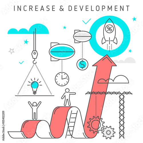 Conceptual vector flat line illustration represent process of business development from idea to profit. Creative workflow of investing time, ideas, technologies, solutions, knowledge to make money.