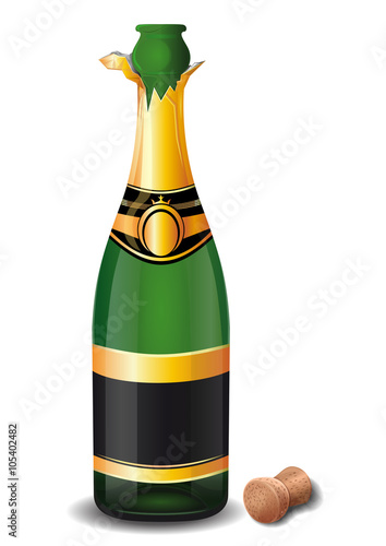 Open a bottle of champagne with the cork. Bottle of champagne isolated on a white background. Vector illustration