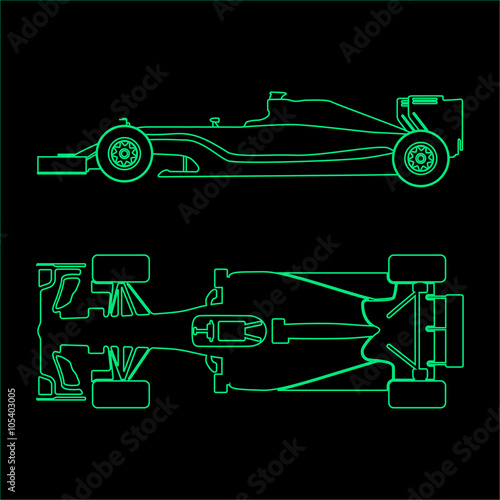 Formula car, linear light silhouette of a racing car isolated on black background. Top view and side view. Vector illustration