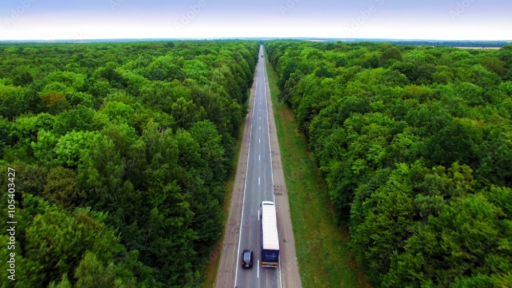 Aerial view of the road through green forest. Aerial view of the road through green forest.