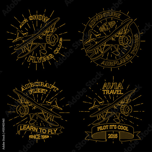 Vintage airplane emblems. Biplane labels. Retro Plane badges, plane design elements. Aviation stamps collection Aerial logo and logotype. Fly stamps isolate, pilot academy symbols Vector Jet elements.