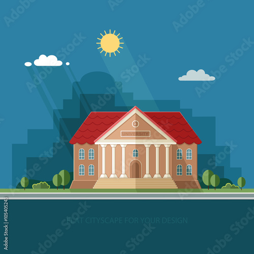 University on the city background. College School. Flat style ve
