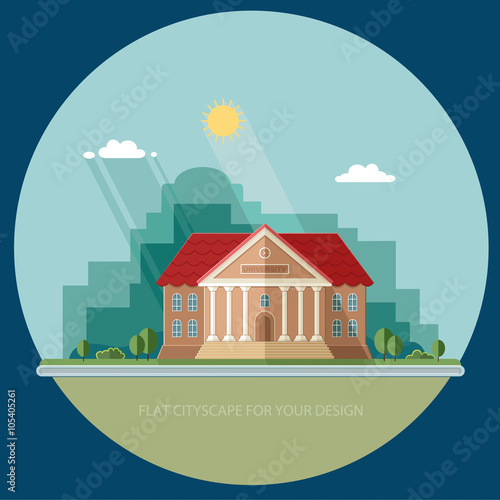 University on the city background. College School. Flat style ve