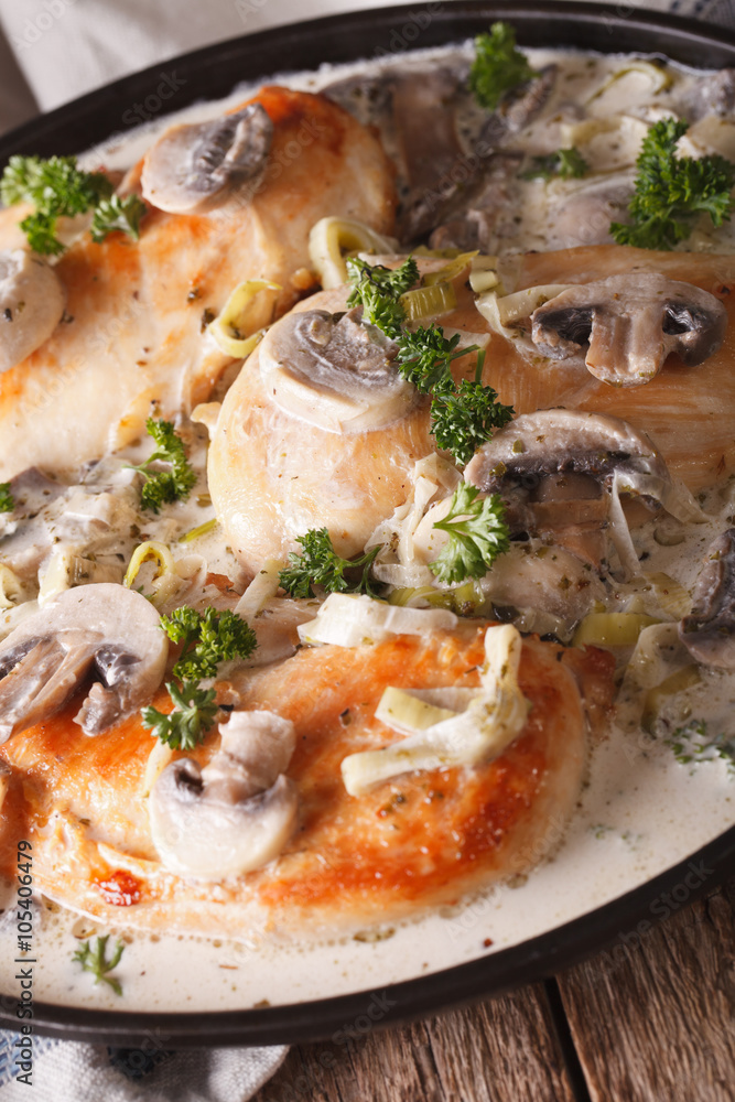 Chicken fillet in a mushroom sauce on a plate macro. Vertical
Chicken fillet in a mushroom sauce on a plate macro. Vertical