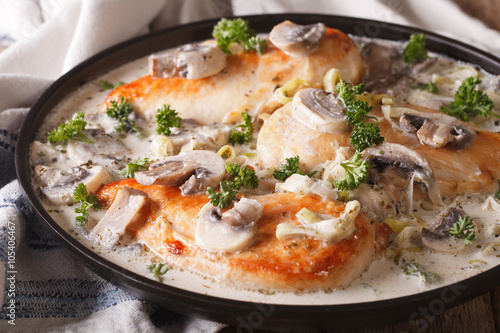 Delicious chicken breast with mushroom sauce close-up. horizontal 