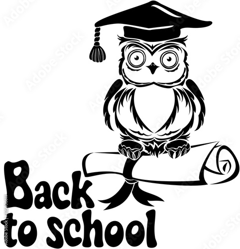 Decorative bird - owl with graduation cap and book, isolated on