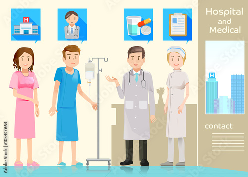 Patients recuperating in the hospital.The conversation between patients and doctors.Male and female patients are asking for advice on treatment by doctor.Doctors are assisting with the patient.EPS 10.