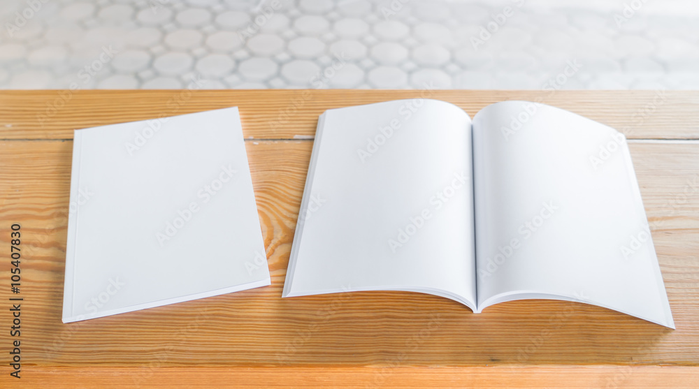 Blank catalog, magazines,book mock up on wood background Blank catalog, magazines,book mock up on wood background