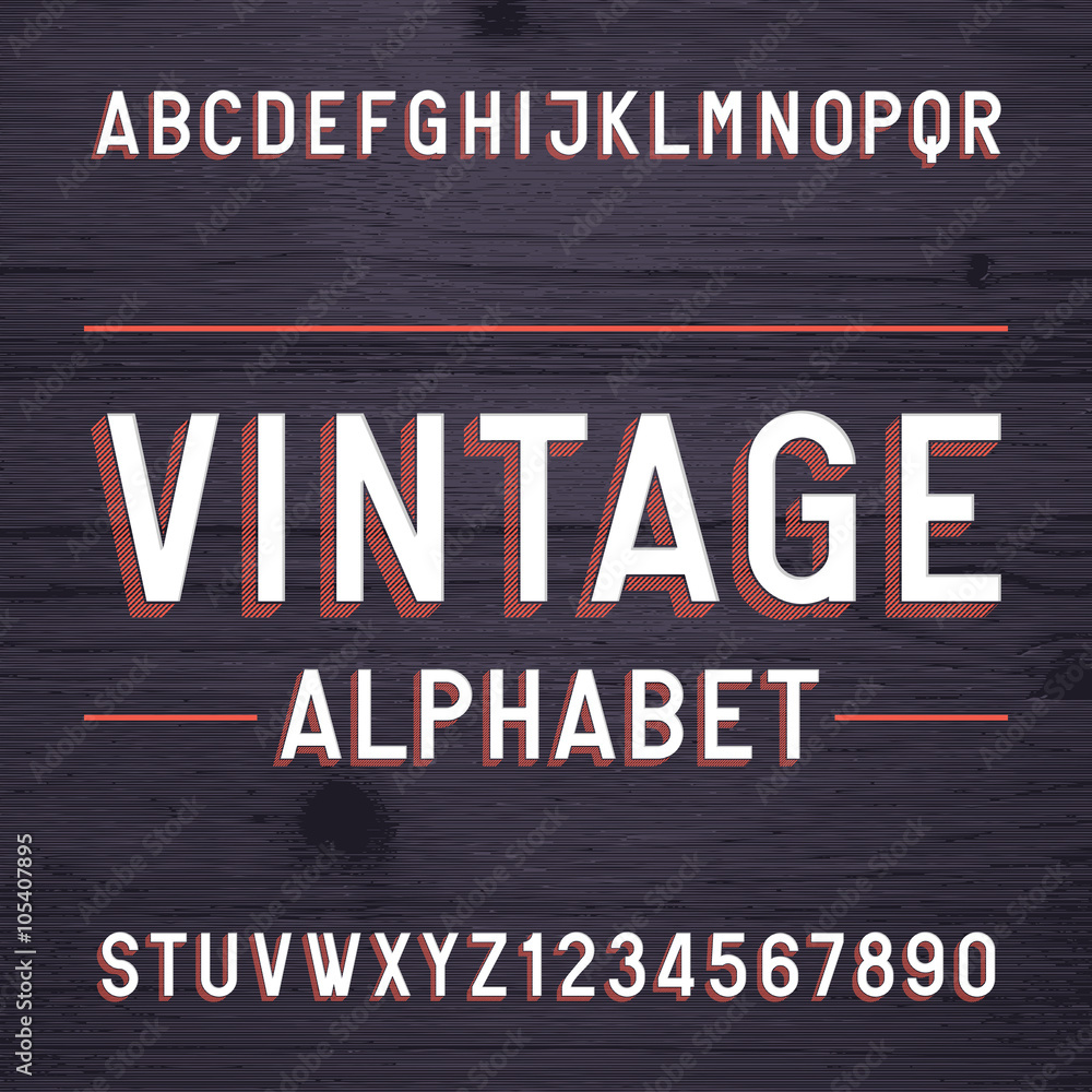 Vintage style alphabet vector font. Letters and numbers on the dark ...