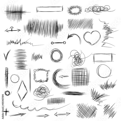 Pencil sketches. Hand drawn scribble shapes. A set of doodle lin