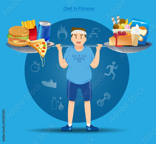 Fat people must have fight to her food.loose weight Concept.Heavy Burn calories.The burden of obesity .Illustration for approach to communication for Health.Graphic design and vector EPS 10.