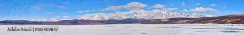 Panorama of highest mountain in Sayan Mountains from Hovsgol Lake