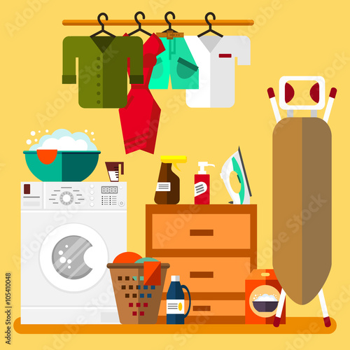 Laundry room in flat style. Wash machine, flasket, ironing board, iron, washing powder, clothes - vector illustration