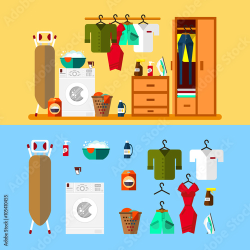 Laundry room in flat style. Wash machine, flasket, ironing board, iron, washing powder, clothes - vector illustration.