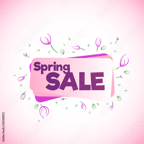 Spring sale banner. Flowers with text. Vector sign.