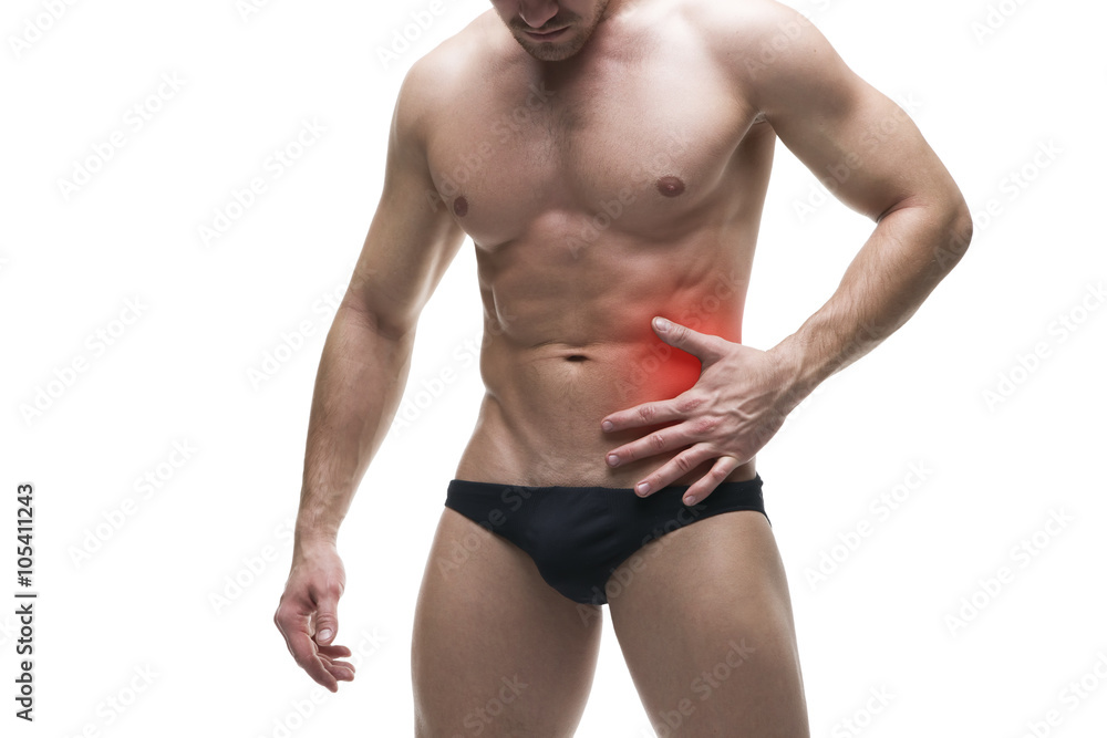 Pain in the left side of the muscular male body. Isolated on white background Pain in the left side of the muscular male body. Isolated on white background