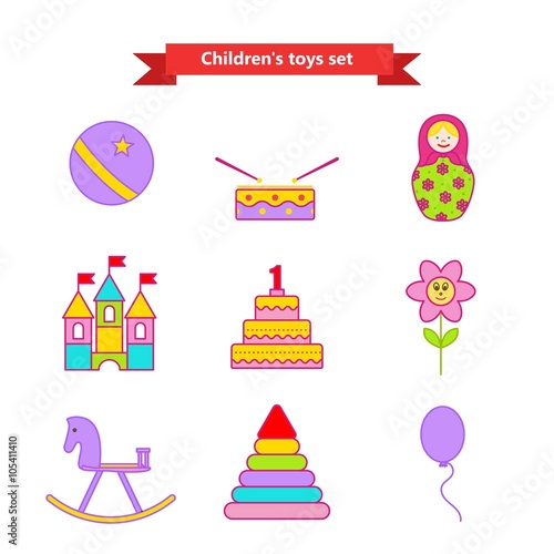 Set of vector icons of toys. Collection of toys for children. Vector illustration in a flat style. Vector elements for web design, mobile applications, design flyers, discounts and advertising