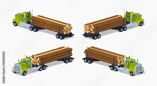 Log truck with the pile of logs. 3D lowpoly isometric vector illustration. The set of objects isolated against the white background and shown from different sides
